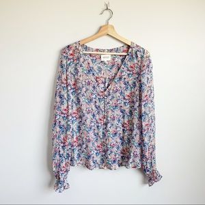 Sezane Floral Long Sleeve Blouse Ruffle Puff 38 6